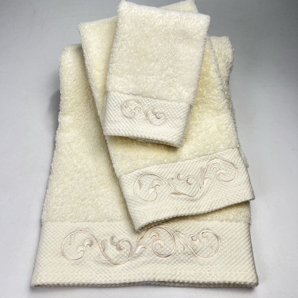 Bianca Jacquard Bath Towel Set Cream Embroidered Dobby Border 3 Pc Cotton